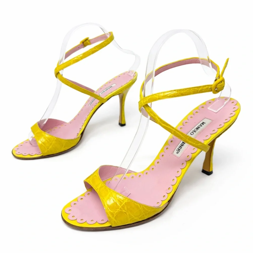 Manolo Blahnik Yellow Croc Embossed Strappy Sandals Pink Trim Womens Size EU 40